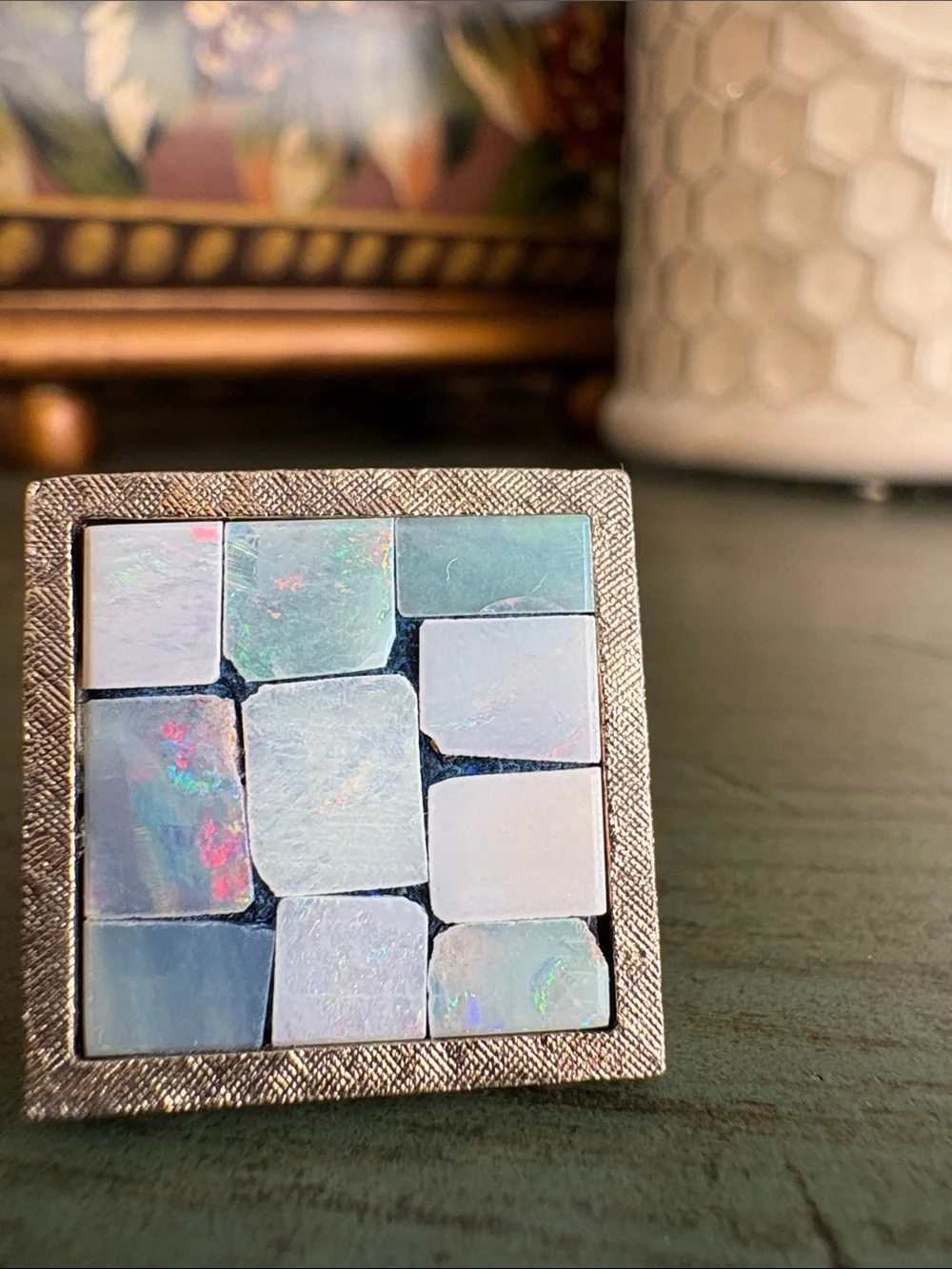 Vintage Sterling Silver Genuine Opal Mosaic Square Cufflinks Estate Jewelry